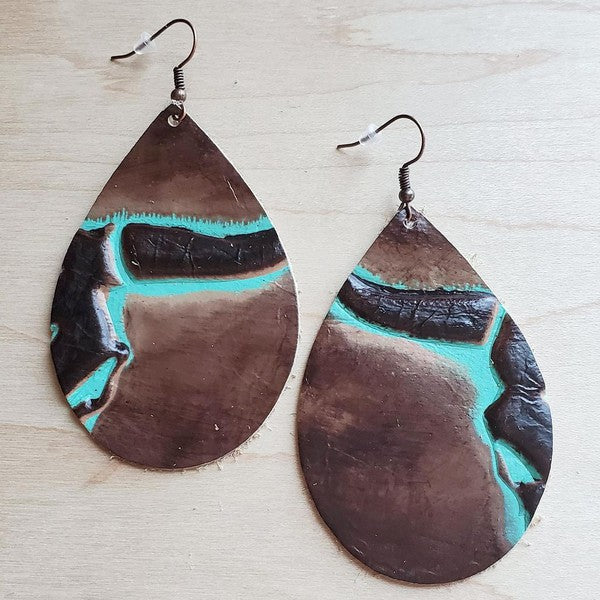 Leather Earrings in Brown/Turquoise Steer Heads product image