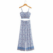 Vintage Bohemian Cotton Printed Camisole Two-piece Wide-leg Trousers
