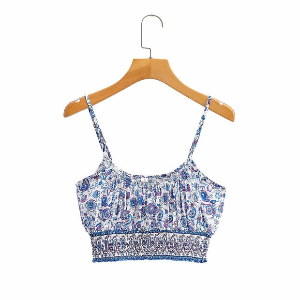 Vintage Bohemian Cotton Printed Camisole Two-piece Wide-leg Trousers