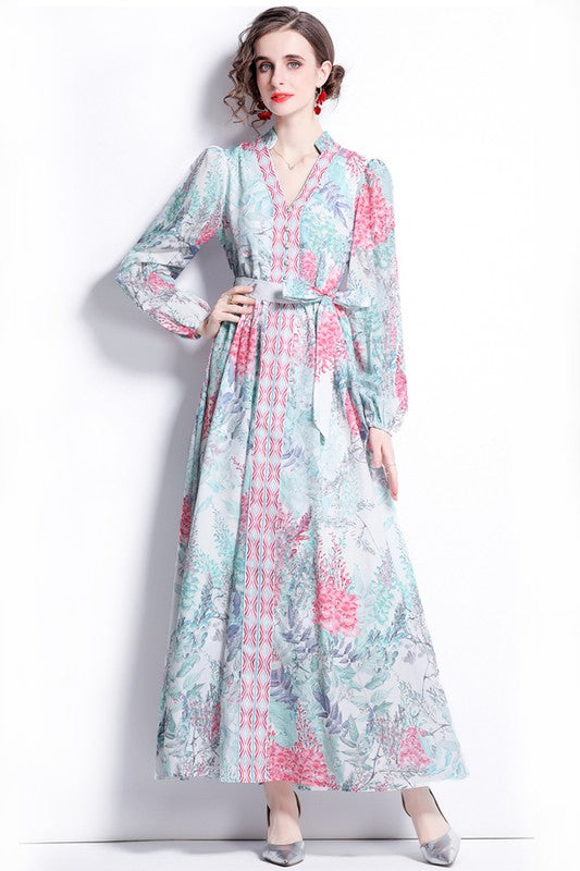 Elevate your style with the Boho Floral Maxi Dress with Belted V-Neck, perfect for any romantic occasion.