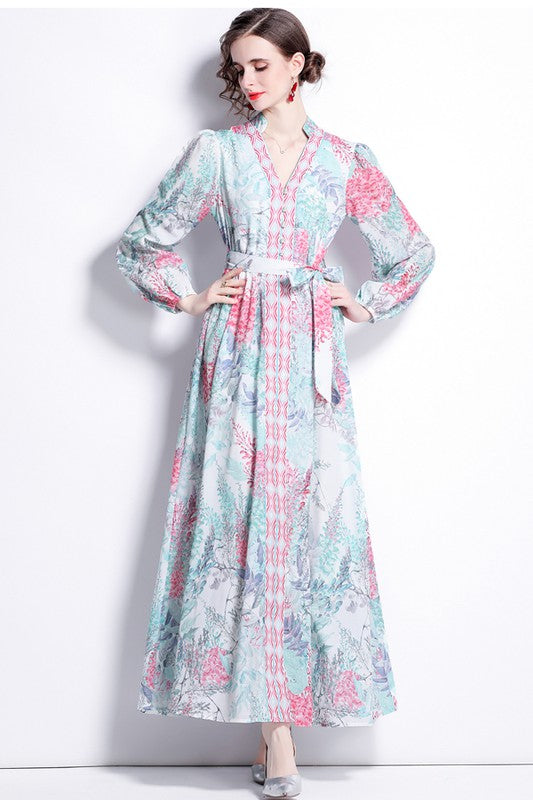 Stylish Boho Floral Maxi Dress with Belted V-Neck, featuring a vibrant floral print perfect for any occasion.