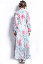 Elegant Boho Floral Maxi Dress with Belted V-Neck showcases vibrant florals, perfect for any occasion.