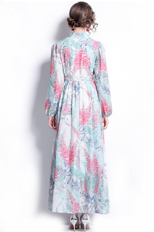 Elegant Boho Floral Maxi Dress with Belted V-Neck showcases vibrant florals, perfect for any occasion.