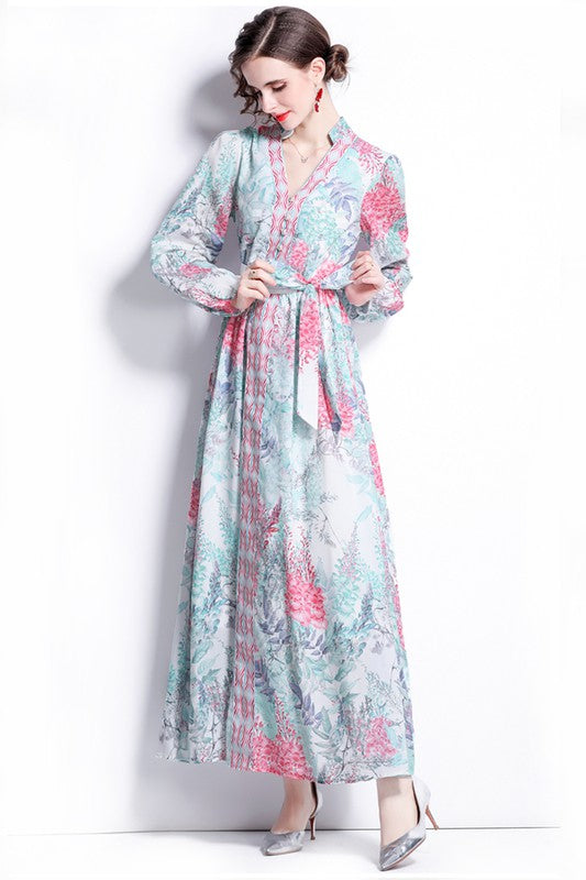 Elevate your style with the Boho Floral Maxi Dress with Belted V-Neck, featuring a dreamy floral print. Perfect for any occasion!