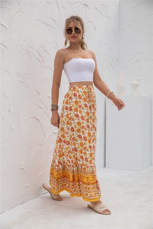 Printed boho maxi skirt with elastic waistband, casual long silhouette, and vibrant allover pattern for women’s everyday style product image 16 orange