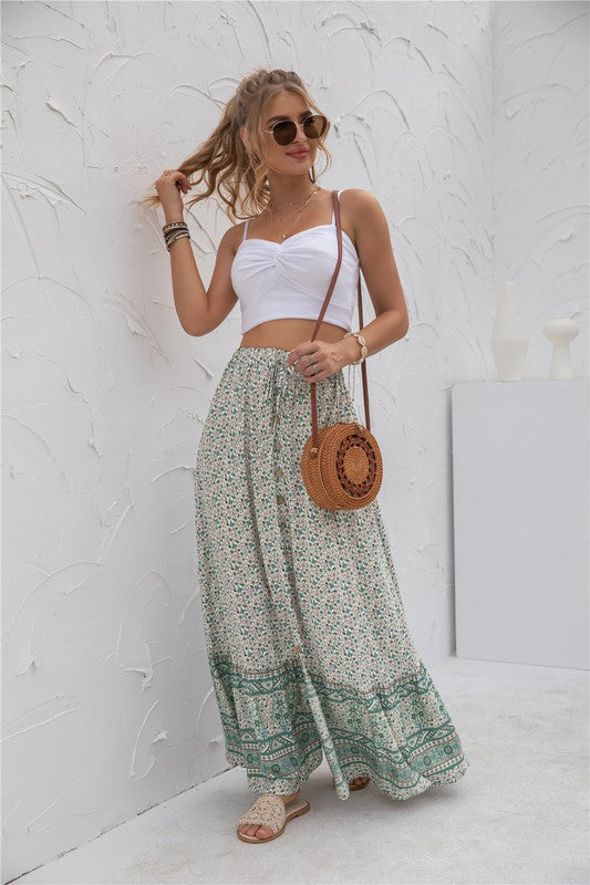 Printed boho maxi skirt with elastic waistband, casual long silhouette, and vibrant allover pattern for women’s everyday style product image 10 green