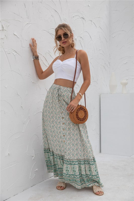 Printed boho maxi skirt with elastic waistband, casual long silhouette, and vibrant allover pattern for women’s everyday style product image 8 green