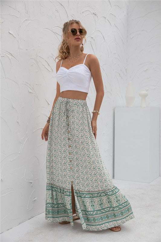 Printed boho maxi skirt with elastic waistband, casual long silhouette, and vibrant allover pattern for women’s everyday style product image 12 green