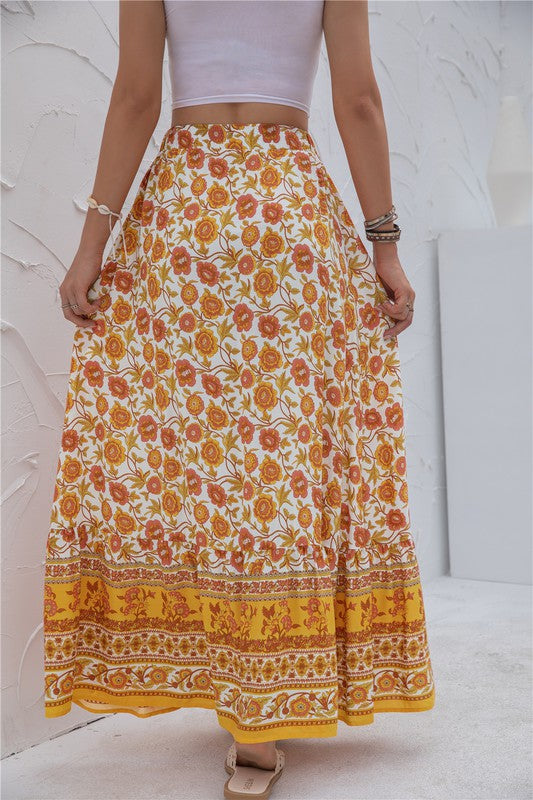 Printed boho maxi skirt with elastic waistband, casual long silhouette, and vibrant allover pattern for women’s everyday style product image 13 orange