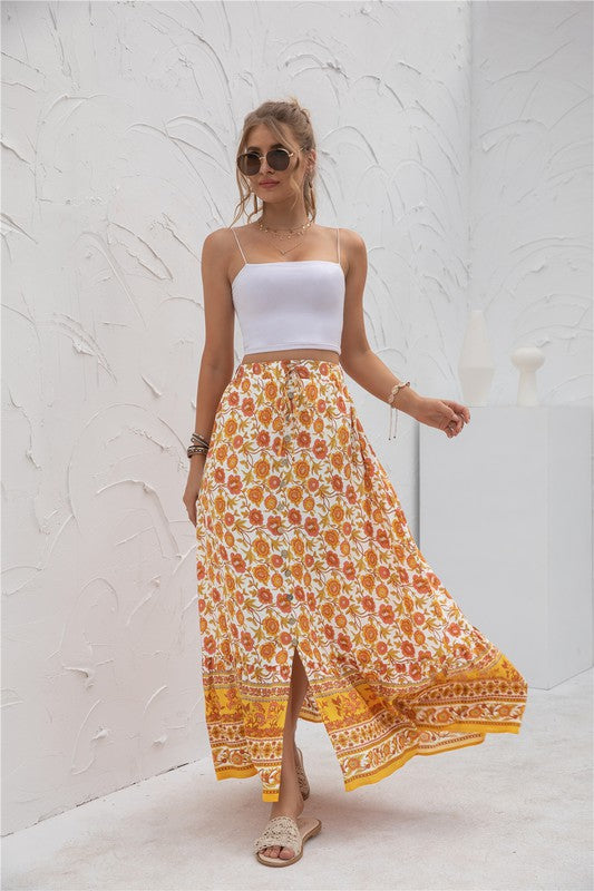 Printed boho maxi skirt with elastic waistband, casual long silhouette, and vibrant allover pattern for women’s everyday style product image 20 orange