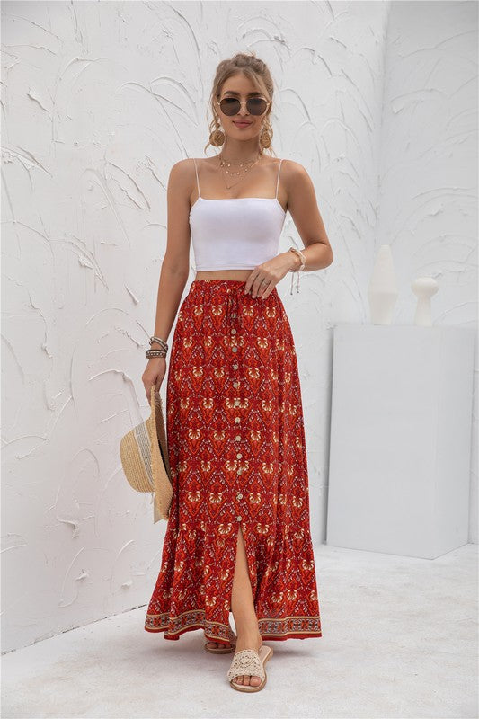 Printed boho maxi skirt with elastic waistband, casual long silhouette, and vibrant allover pattern for women’s everyday style product image 4 red