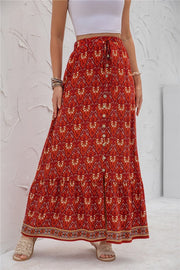 Printed boho maxi skirt with elastic waistband, casual long silhouette, and vibrant allover pattern for women’s everyday style product image 3 red
