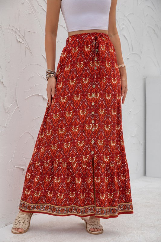 Printed boho maxi skirt with elastic waistband, casual long silhouette, and vibrant allover pattern for women’s everyday style product image 3 red