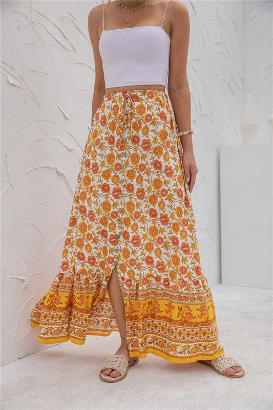 Printed boho maxi skirt with elastic waistband, casual long silhouette, and vibrant allover pattern for women’s everyday style product image 18 orange