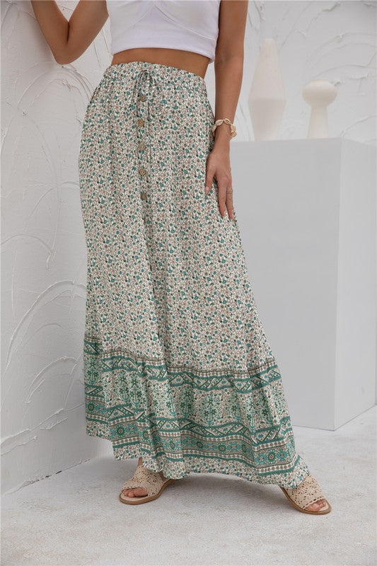 Printed boho maxi skirt with elastic waistband, casual long silhouette, and vibrant allover pattern for women’s everyday style product image 9 green