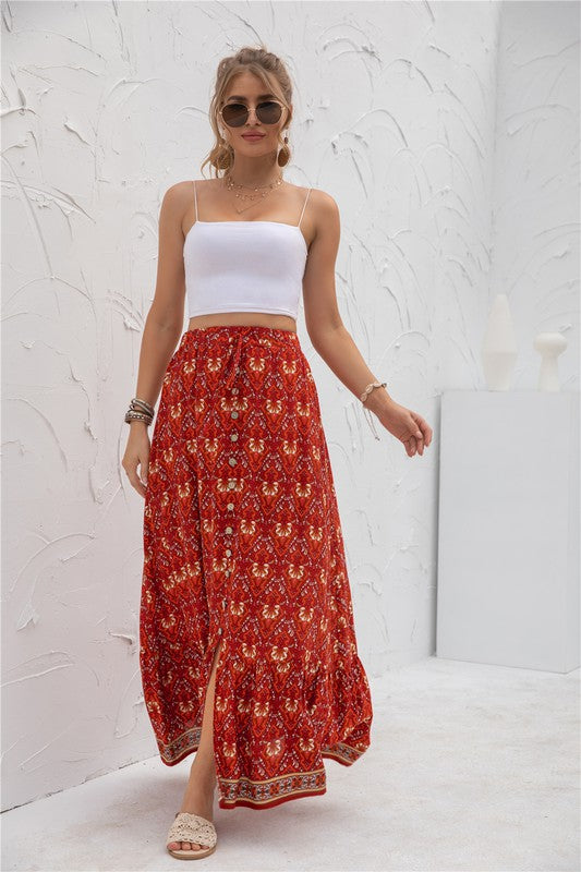 Printed boho maxi skirt with elastic waistband, casual long silhouette, and vibrant allover pattern for women’s everyday style product image 6 red