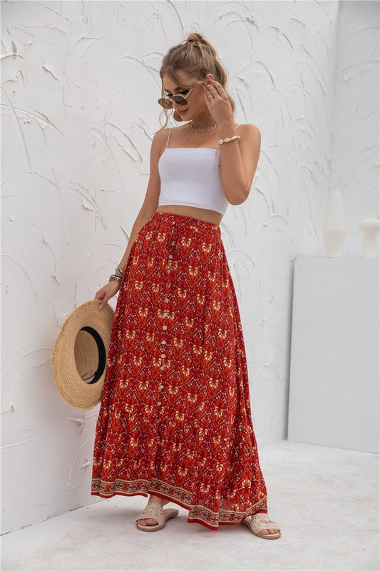 Printed boho maxi skirt with elastic waistband, casual long silhouette, and vibrant allover pattern for women’s everyday style product image 5 red