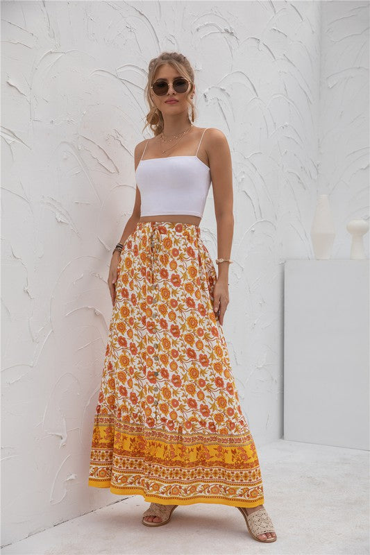 Printed boho maxi skirt with elastic waistband, casual long silhouette, and vibrant allover pattern for women’s everyday style product image 19 orange