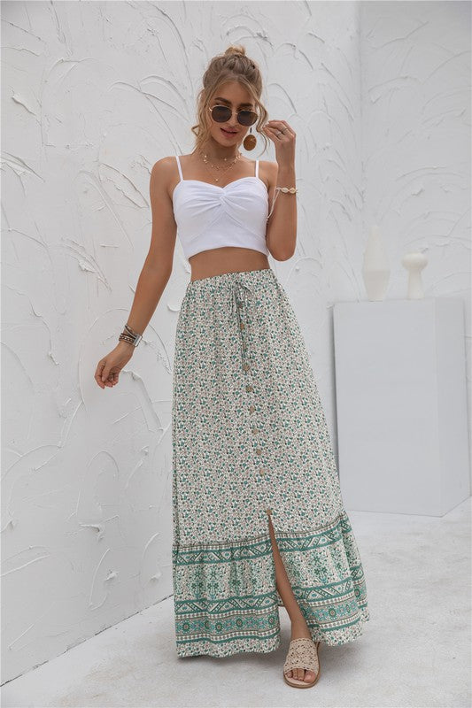 Printed boho maxi skirt with elastic waistband, casual long silhouette, and vibrant allover pattern for women’s everyday style product image 11 green