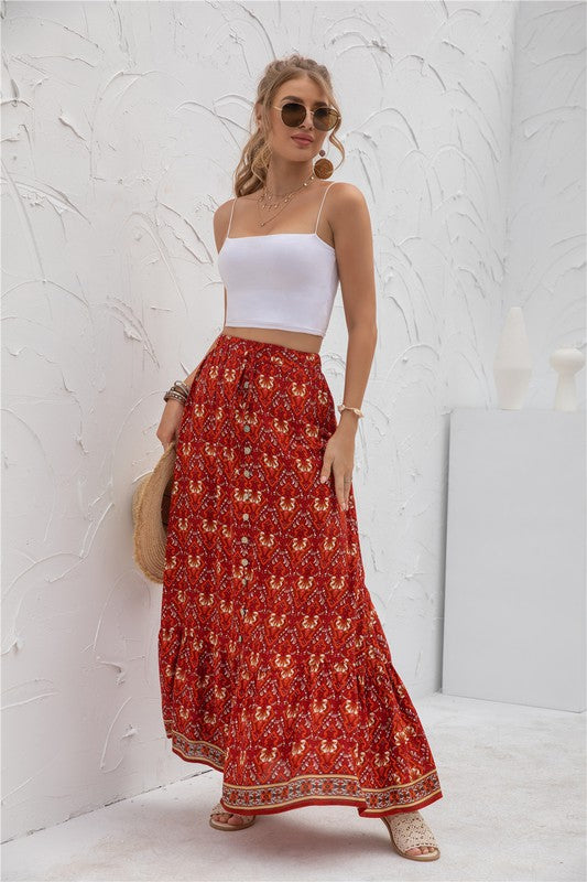 Printed boho maxi skirt with elastic waistband, casual long silhouette, and vibrant allover pattern for women’s everyday style product image 1 red