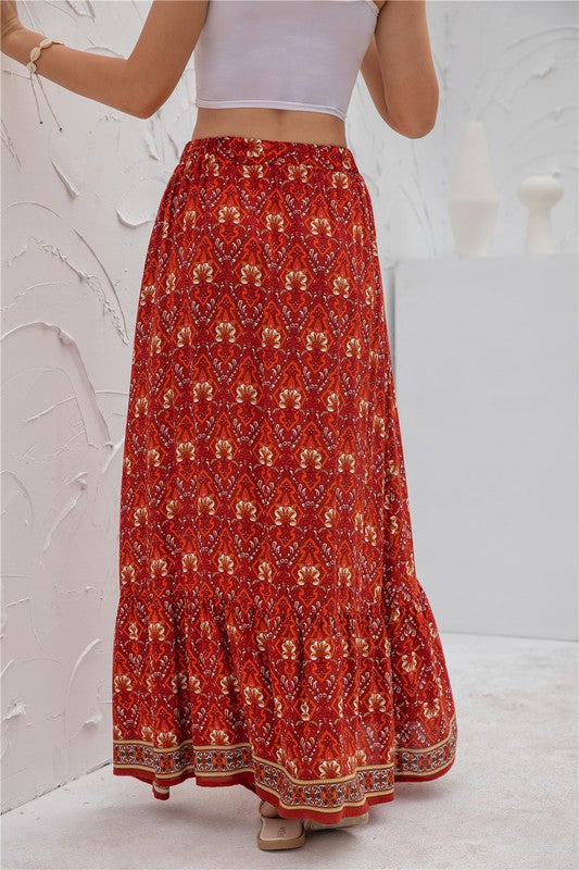 Printed boho maxi skirt with elastic waistband, casual long silhouette, and vibrant allover pattern for women’s everyday style product image 7 red
