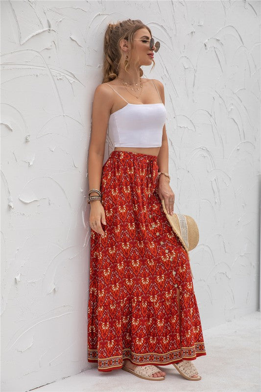 Printed boho maxi skirt with elastic waistband, casual long silhouette, and vibrant allover pattern for women’s everyday style product image 2 red
