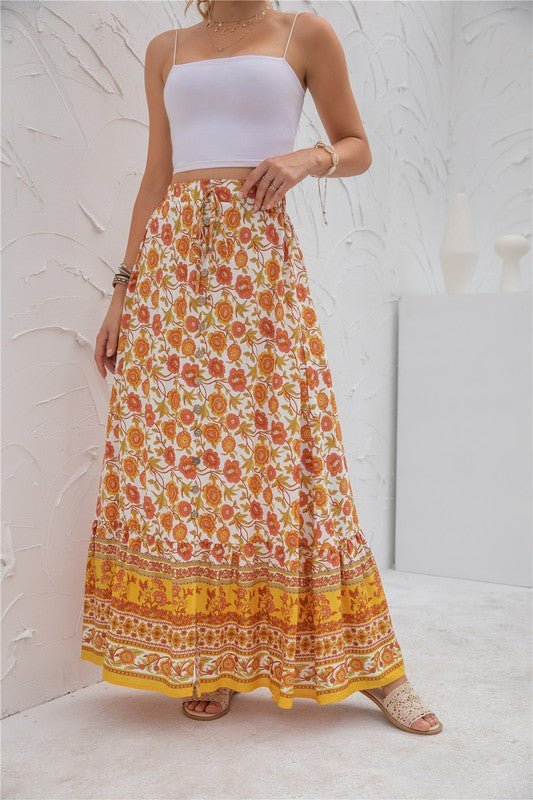 Printed boho maxi skirt with elastic waistband, casual long silhouette, and vibrant allover pattern for women’s everyday style product image 14 orange
