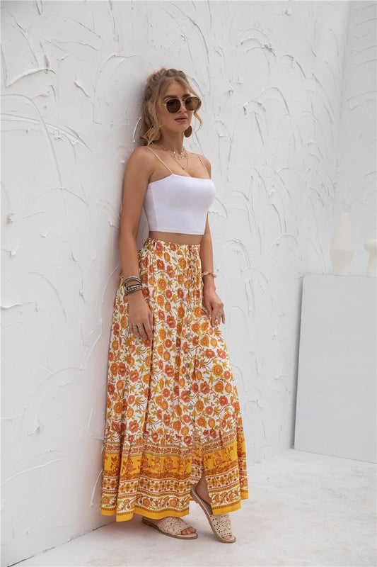 Printed boho maxi skirt with elastic waistband, casual long silhouette, and vibrant allover pattern for women’s everyday style product image 15 orange