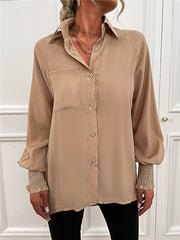 Tan Beige Women's Long Sleeve Button Down Bluse