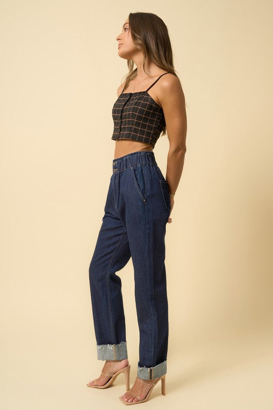 Slouchy High-Waist Pleated Denim Trousers