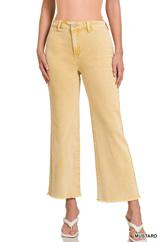 Beige Color Acid Wash Frayed Cutoff Hem Straight Wide Pants