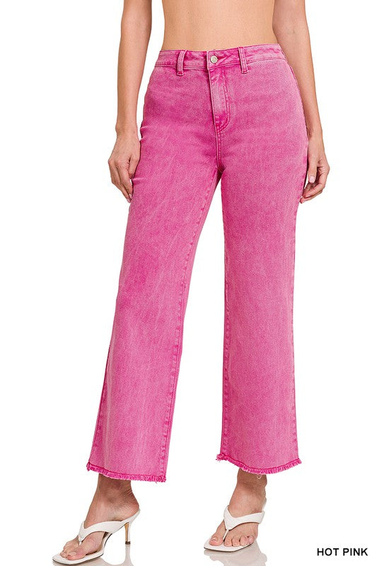 Pink Acid Wash Frayed Straight Wide Pants 