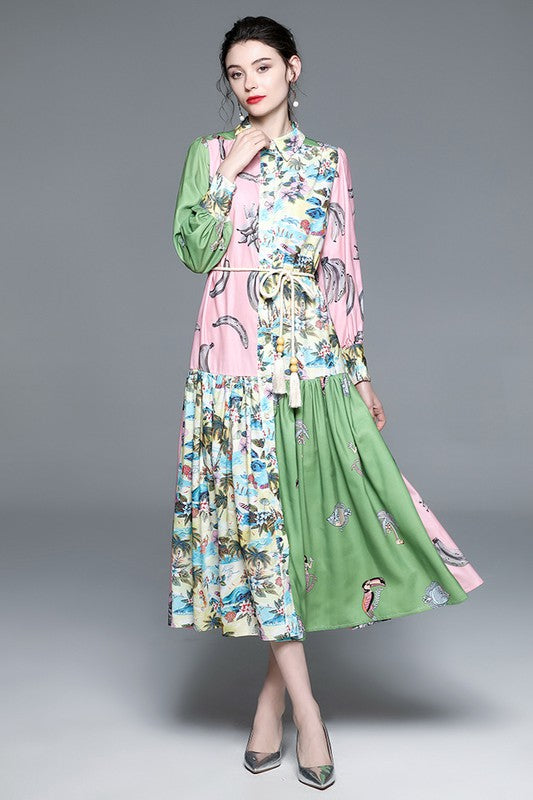 Elegant sexy boho maxi dress with long sleeves, button front, round neckline, belted waist, and flowing circle skirt design product image 6