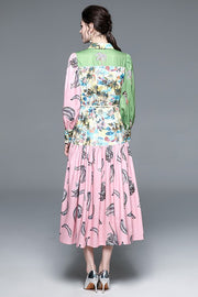 Elegant sexy boho maxi dress with long sleeves, button front, round neckline, belted waist, and flowing circle skirt design product image 2