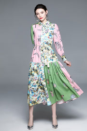 Elegant sexy boho maxi dress with long sleeves, button front, round neckline, belted waist, and flowing circle skirt design product image 5