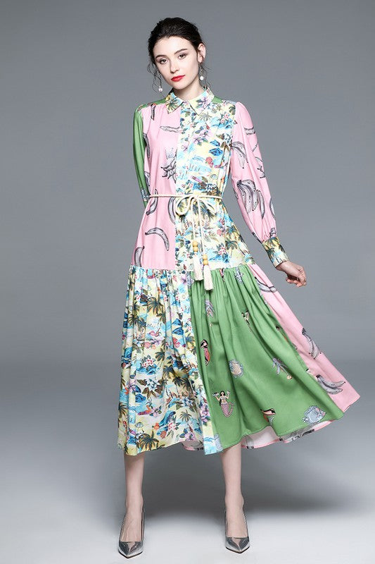 Elegant sexy boho maxi dress with long sleeves, button front, round neckline, belted waist, and flowing circle skirt design product image 5