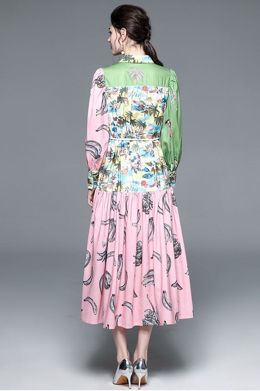 Elegant sexy boho maxi dress with long sleeves, button front, round neckline, belted waist, and flowing circle skirt design product image 3