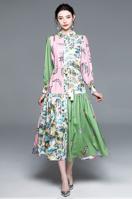 Elegant sexy boho maxi dress with long sleeves, button front, round neckline, belted waist, and flowing circle skirt design product image 4