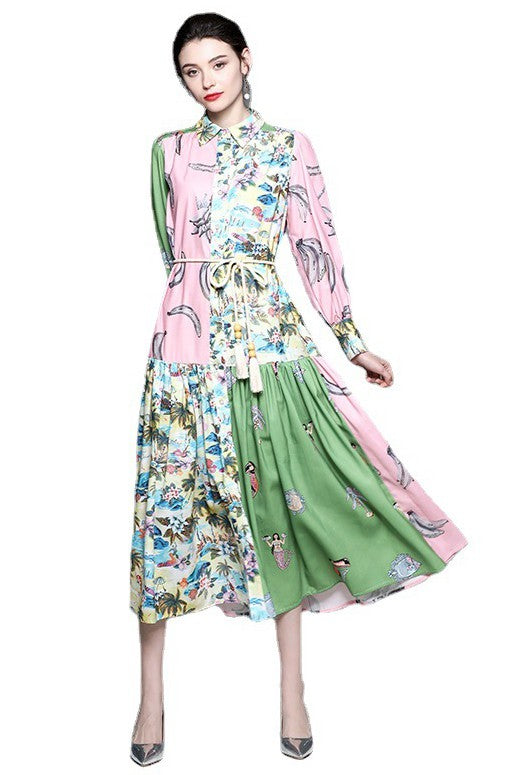 Elegant sexy boho maxi dress with long sleeves, button front, round neckline, belted waist, and flowing circle skirt design product image 7