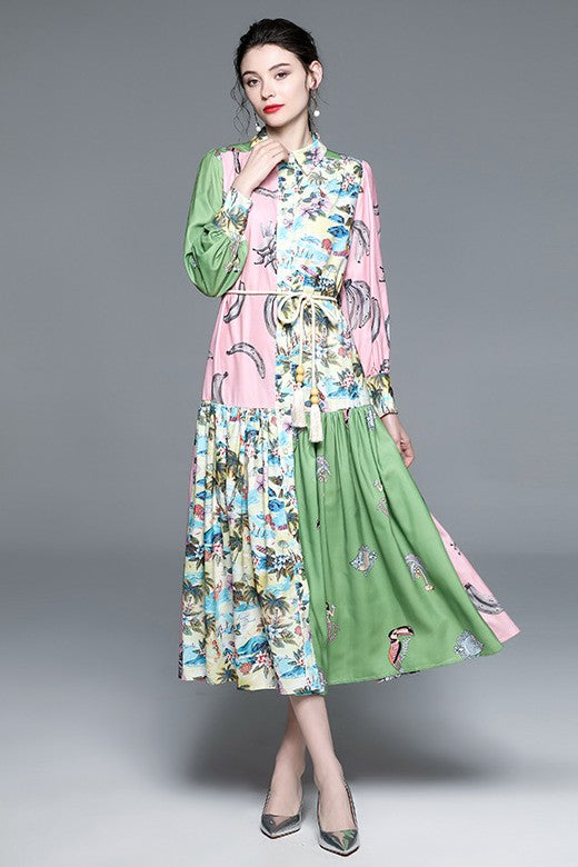 Elegant sexy boho maxi dress with long sleeves, button front, round neckline, belted waist, and flowing circle skirt design product image 1