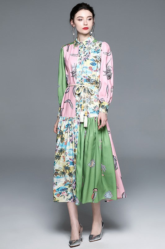 Elegant sexy boho maxi dress with long sleeves, button front, round neckline, belted waist, and flowing circle skirt design product image 8