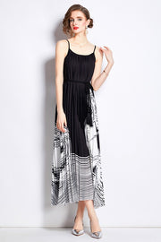 Sleeveless boho maxi dress with pleated skirt, belted waist, stretch fabric, and round neckline for elegant summer style model display product image 5