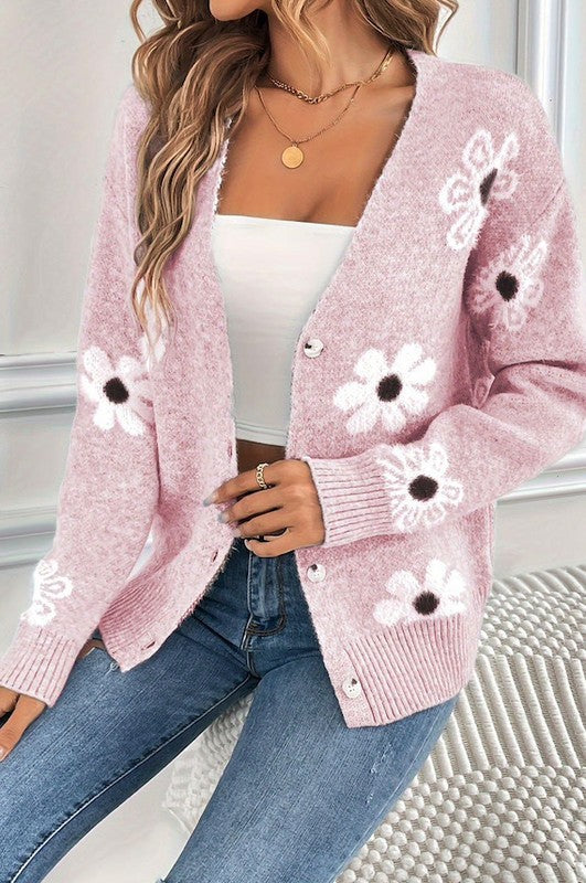 Baby Pink Floral Chic Knit Cardigan