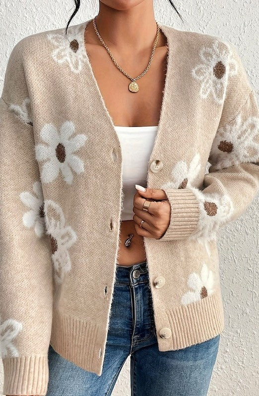 Beige Floral Chic Knit Cardigan