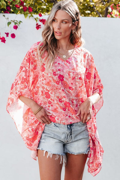 Women Boho Floral V Neck Kimono Style Blouse