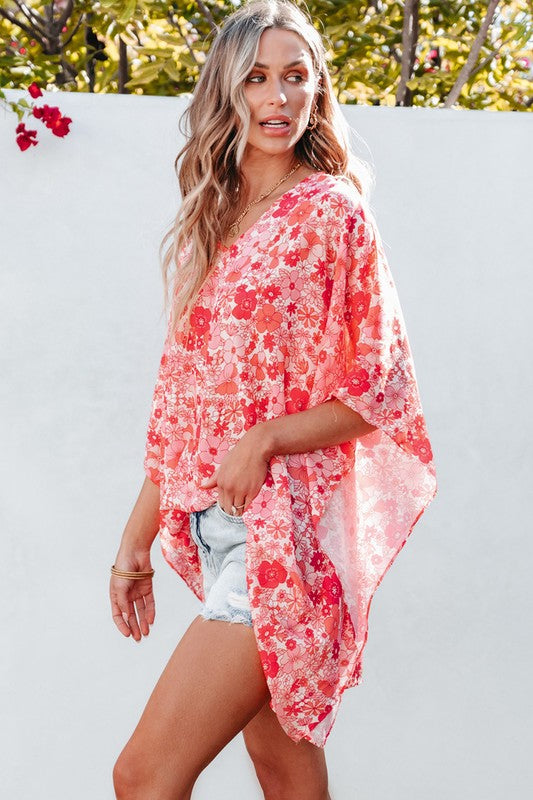 Women Boho Floral V Neck Kimono Style Blouse