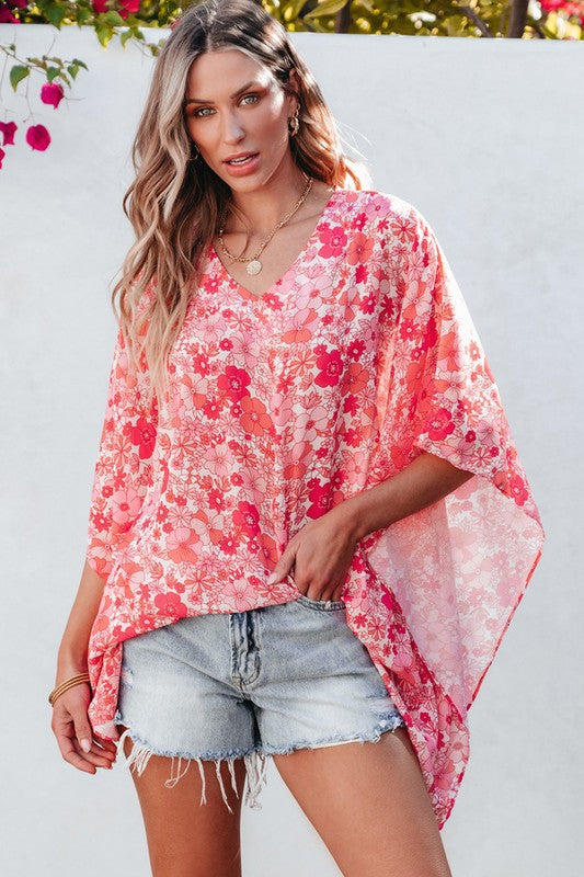 Women Boho Floral V Neck Kimono Style Blouse