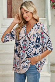 Abstract Print V-Neck Half Tulip Sleeve Blouse