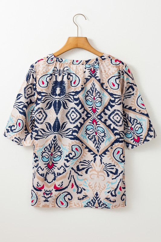 Abstract Print V-Neck Half Tulip Sleeve Blouse