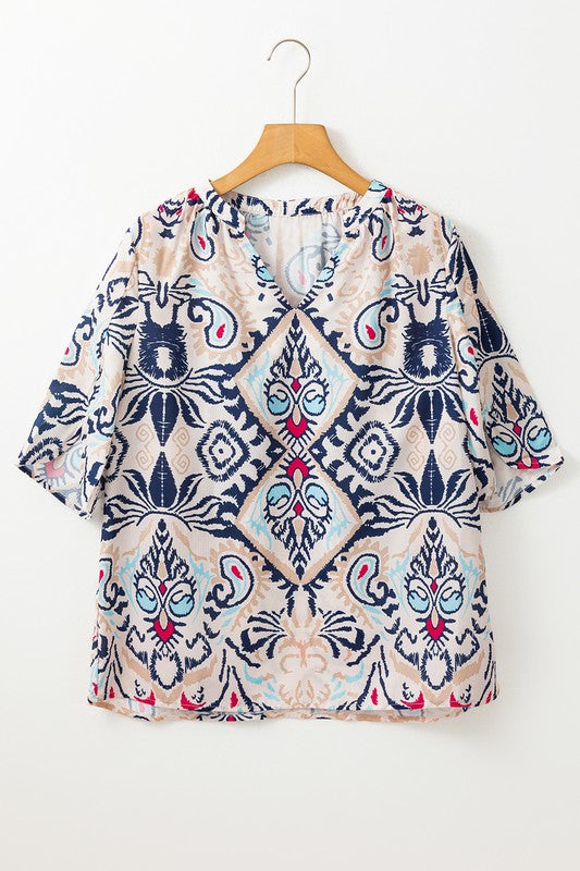 Abstract Print V-Neck Half Tulip Sleeve Blouse